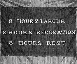 Engraving of a Trade Union banner supporting the 8-hour day. Engraving of a Trade Union banner supporting the 8-hour day.