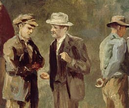 Painting of men gathered for a Trade Union meeting.