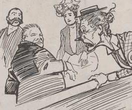 Cartoon representation of Vida Goldstein in parliament with a chaperone. Cartoon representation of Vida Goldstein in parliament with a chaperone.