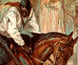 An indigenous tracker on horseback is staring intently at the trail he is following. Police officers can be seen behind him in the background. An indigenous tracker on horseback is staring intently at the trail he is following. Police officers can be seen behind him in the background.