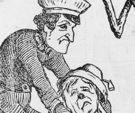 Caricature of a policeman picking a drunk man up from the ground. Caricature of a policeman picking a drunk man up from the ground.