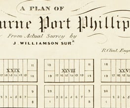 Map of central Melbourne showing location of brick houses, mud buildings, public buildings and boarded houses.