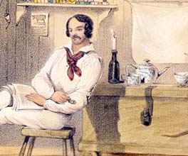 Lithograph of a squatter seated in his bush home with his dogs and cat.