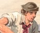 Painting of a prospector using a puddler to extract gold.