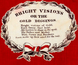 Decorated kerchief showing a family travelling to the goldfields.