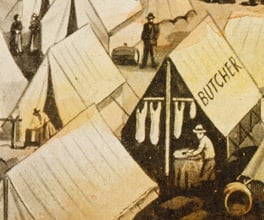 Lithograph of the tent city on the south bank of the Yarra.