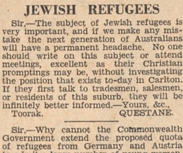 Letter to the editor about Jewish refugees in the lead-up to World War II. Letter to the editor about Jewish refugees in the lead-up to World War II.