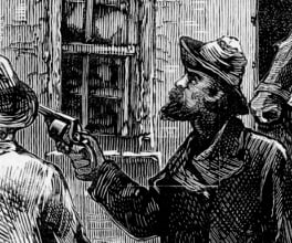 Engraving of the Kelly Gang holding up a police station.