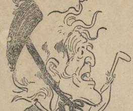 A satirical view of a suffragette meeting, with caricatures of attendees.